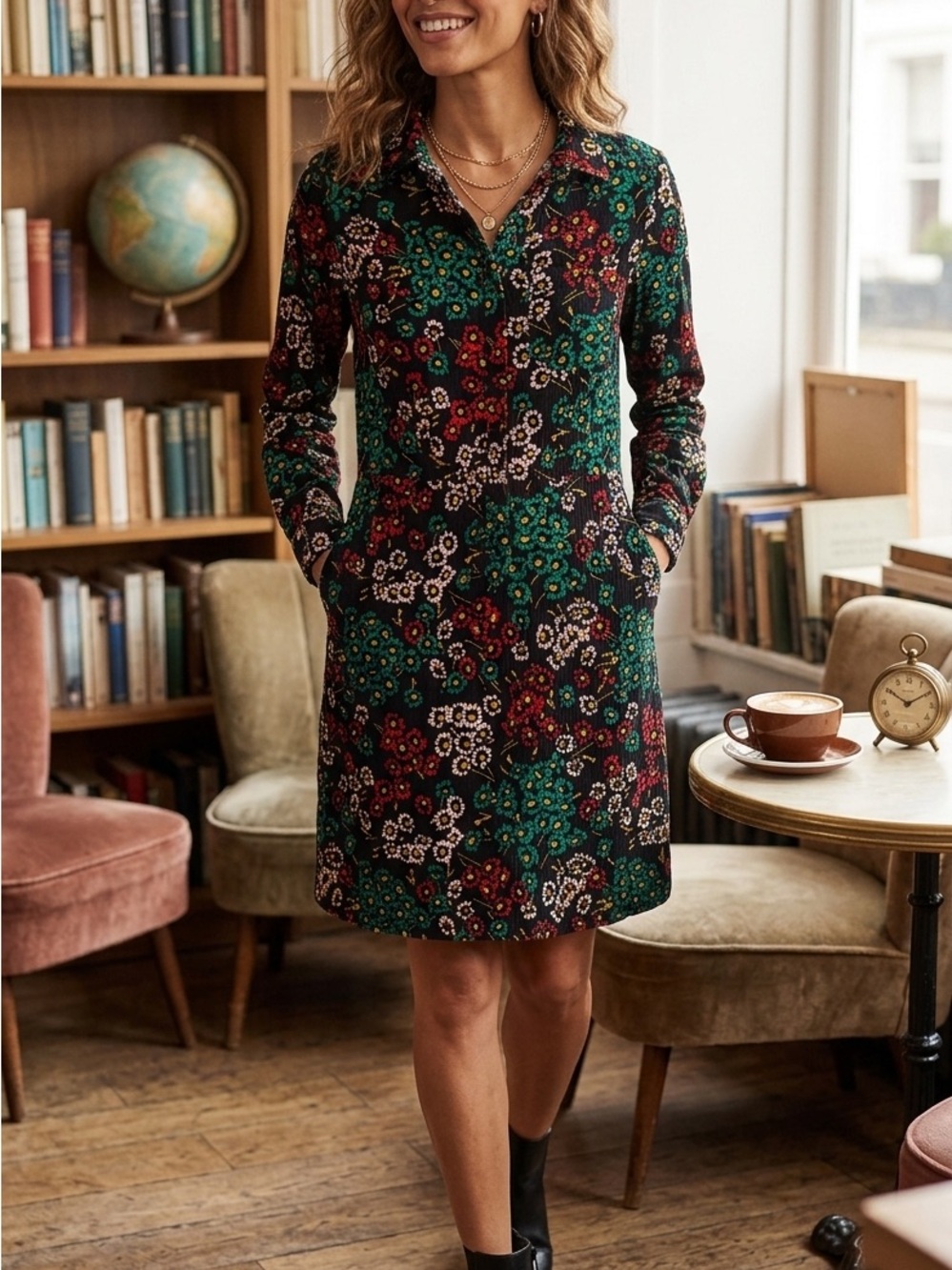 Corduroy Boden Floral Long-Sleeve Shirt Dress in Green and Red